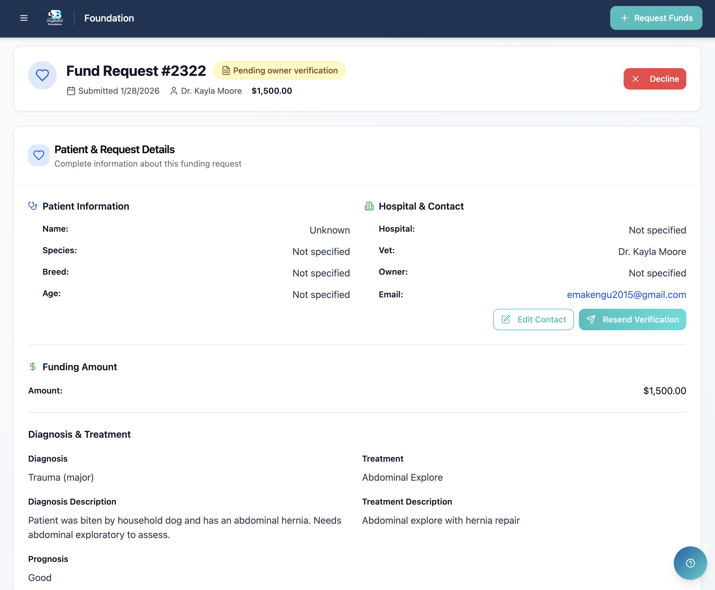 Fund Request details showing patient information, diagnosis, and funding amount