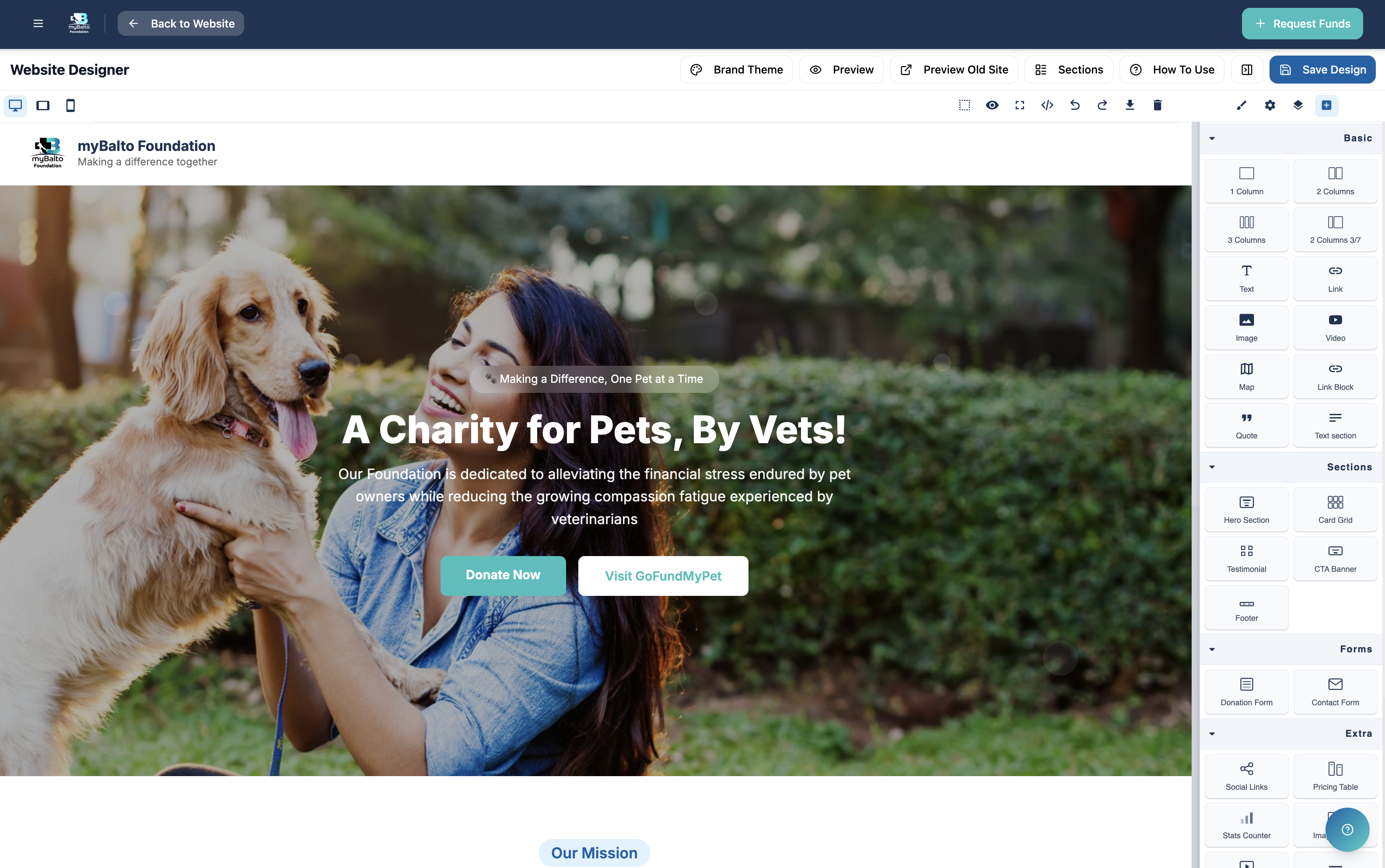 myBalto Website Designer tool with drag-and-drop sections for building custom donation websites