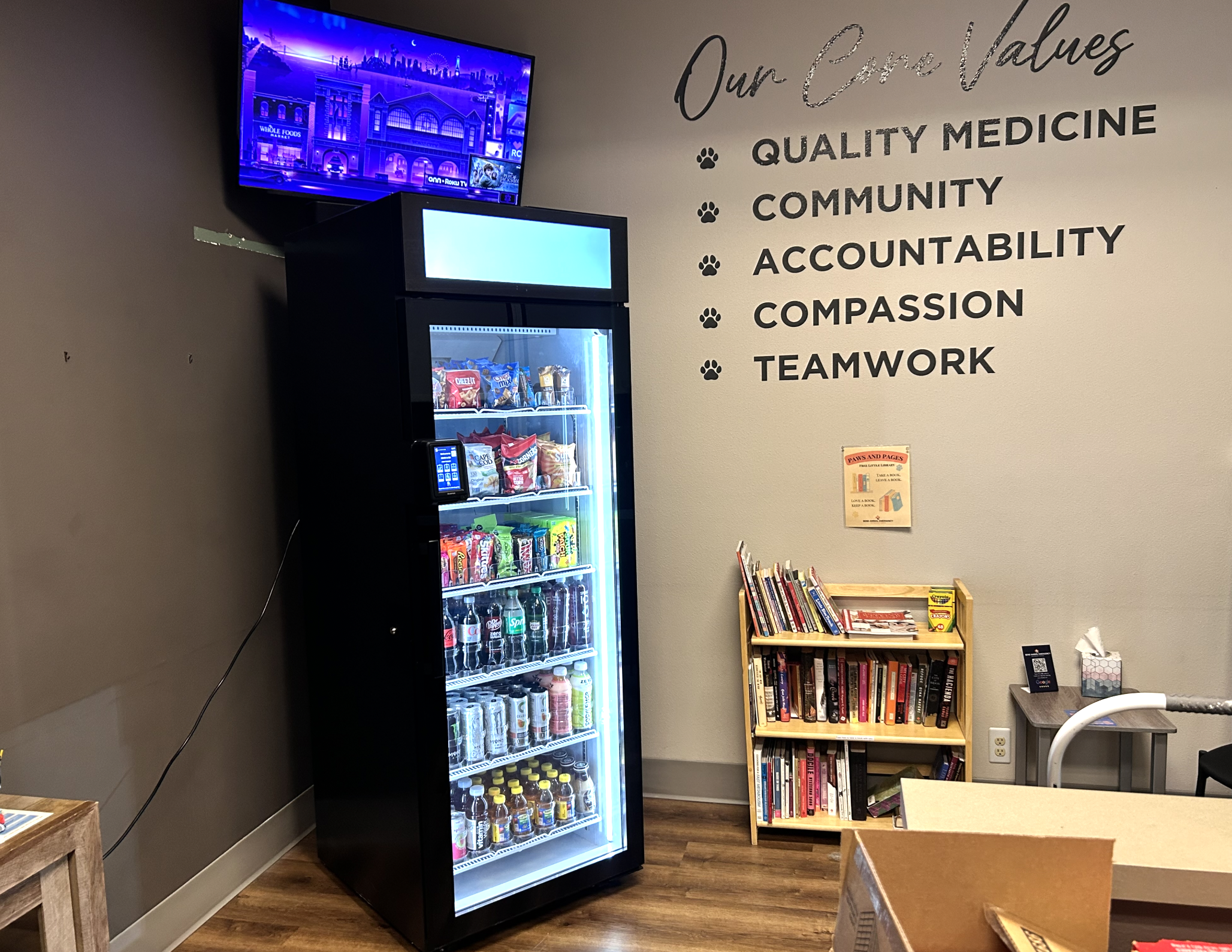 Food and beverage vending machine in a veterinary hospital lobby